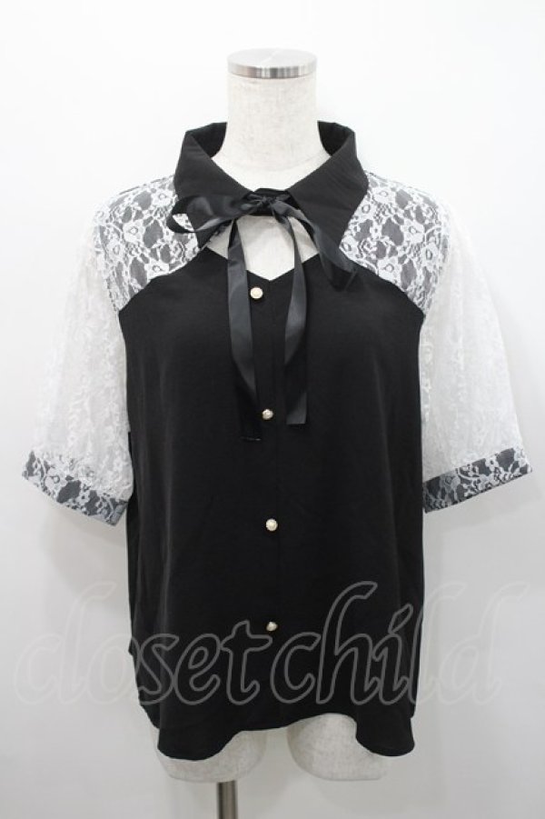 画像1: Audrey / レース切り替え半袖ブラウス  黒ｘ白 I-26-02-15-048-LO-BL-SA-ZI (1)