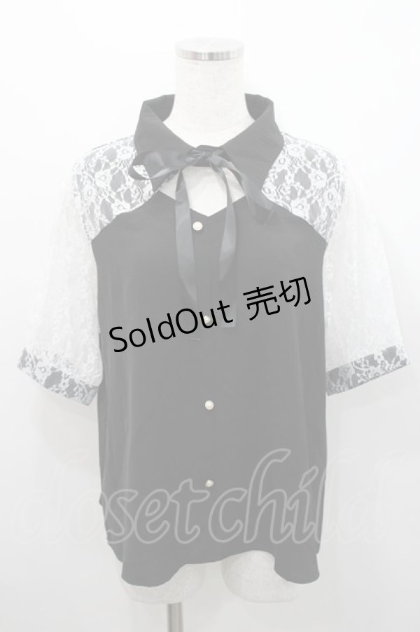 画像1: Audrey / レース切り替え半袖ブラウス  黒ｘ白 I-26-02-15-048-LO-BL-SA-ZI (1)