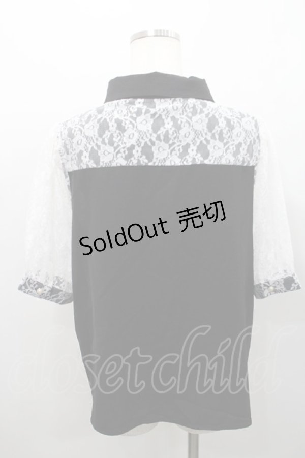 画像2: Audrey / レース切り替え半袖ブラウス  黒ｘ白 I-26-02-15-048-LO-BL-SA-ZI (2)