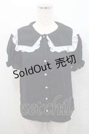 画像: Jamie エーエヌケー / スクエアフリル襟半袖ブラウス  黒Ｘ白 I-26-02-15-049-LO-BL-SA-ZI