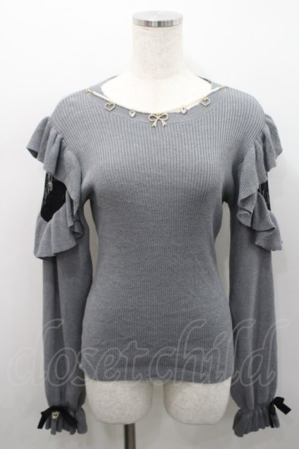 画像1: Rojita / ネックレス付肩ボリュームフリルニットトップス  グレー I-26-02-15-050-LO-TO-SA-ZI (1)