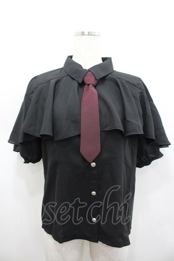 画像1: axes femme POETIQUE / タイ付ラッフルフリル半袖ブラウス  黒 I-26-02-15-002-AX-BL-HR-ZI (1)