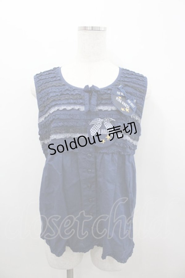 画像1: PINK HOUSE / オーナメントブローチ付きブラウス 4(L) ネイビー I-26-02-18-041-LO-BL-SA-ZI (1)