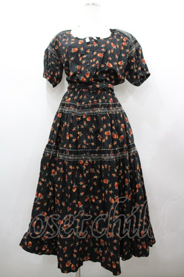 画像1: WONDERFUL WORLD / 苺pt&刺繍半袖ワンピース  ブラック I-26-02-18-071-LO-OP-SA-ZI (1)