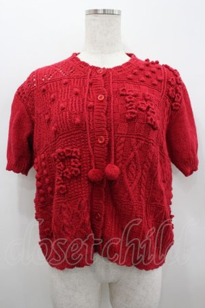 画像: PINK HOUSE / フラワーモチーフパッチワーク半袖ニットカーディガン  レッド I-26-02-18-012-LO-TO-SA-ZI