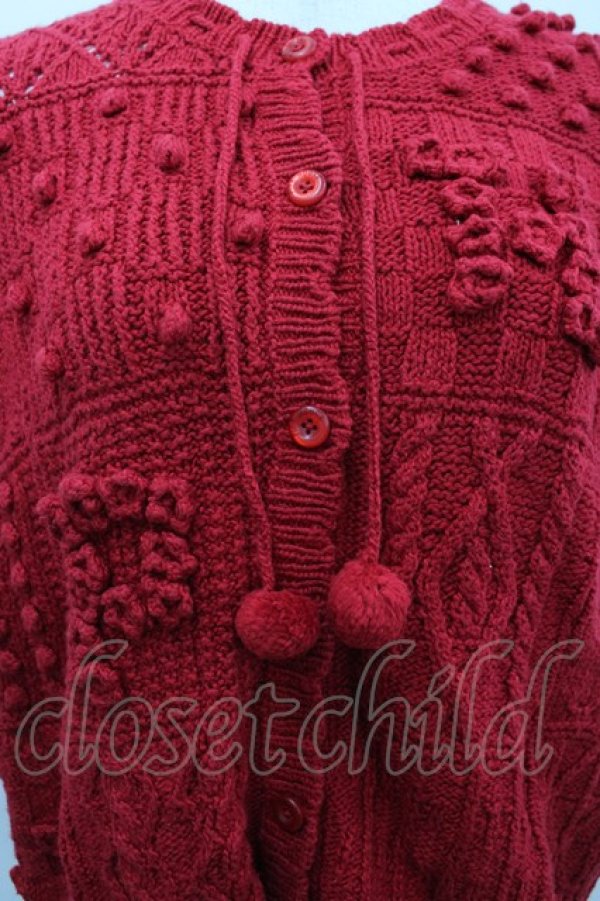 画像2: PINK HOUSE / フラワーモチーフパッチワーク半袖ニットカーディガン  レッド I-26-02-18-012-LO-TO-SA-ZI (2)