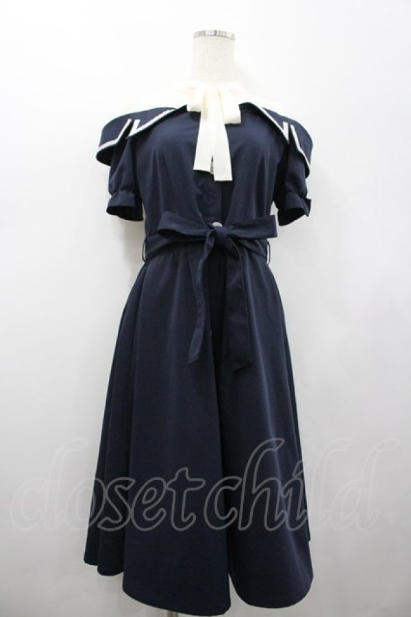 画像1: axes femme POETIQUE / ドットチュール切替オフショル半袖ワンピース M ネイビーＸ白 I-26-02-20-051-AX-OP-SA-ZI (1)