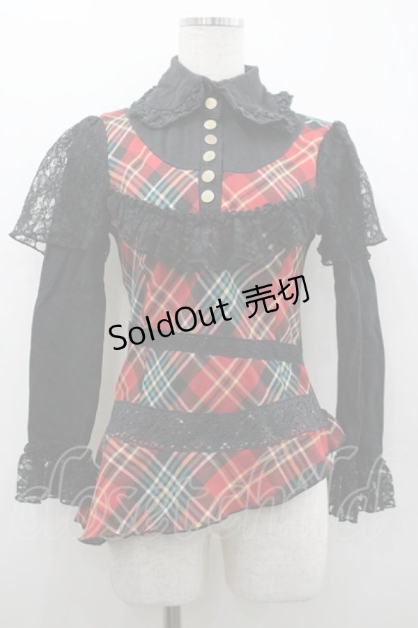 画像1: CHOICE / チェック&レース切替トップス  黒Ｘ赤チェック I-26-02-20-029-PU-TO-SA-ZI (1)