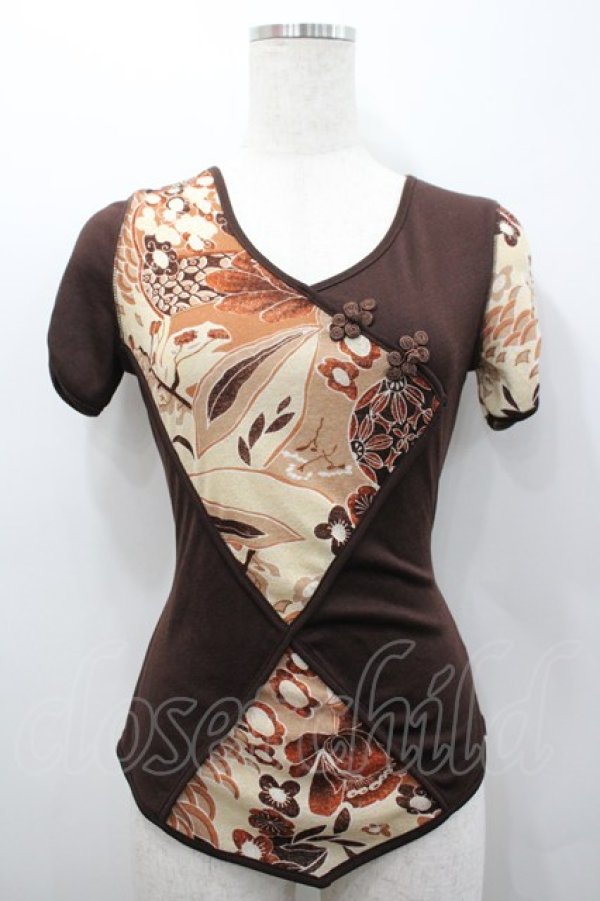 画像1: Ozz On / ナナメチャイナ切替半袖トップス  ブラウン I-26-02-25-031-OO-TO-SA-ZI (1)