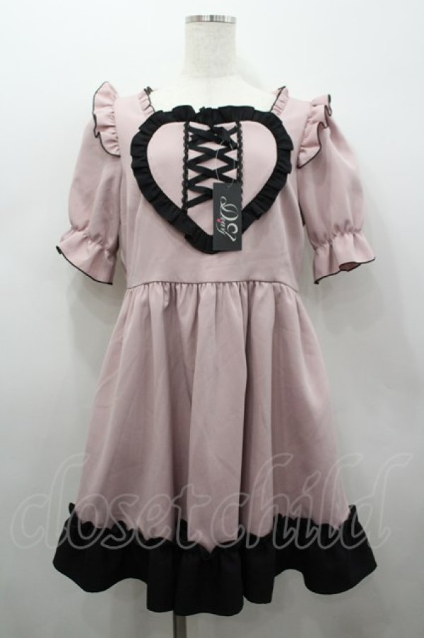 画像1: DearMyLove / ハートレースアップフリルワンピース LL ピンク×クロ I-26-02-25-064-EL-OP-IG-ZI (1)