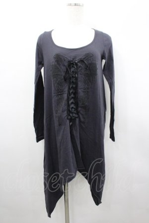 画像: BPN / フロント編み上げ&サイドレースプリントカットソー  グレーＸ黒 I-26-02-25-011-GO-TO-SA-ZI