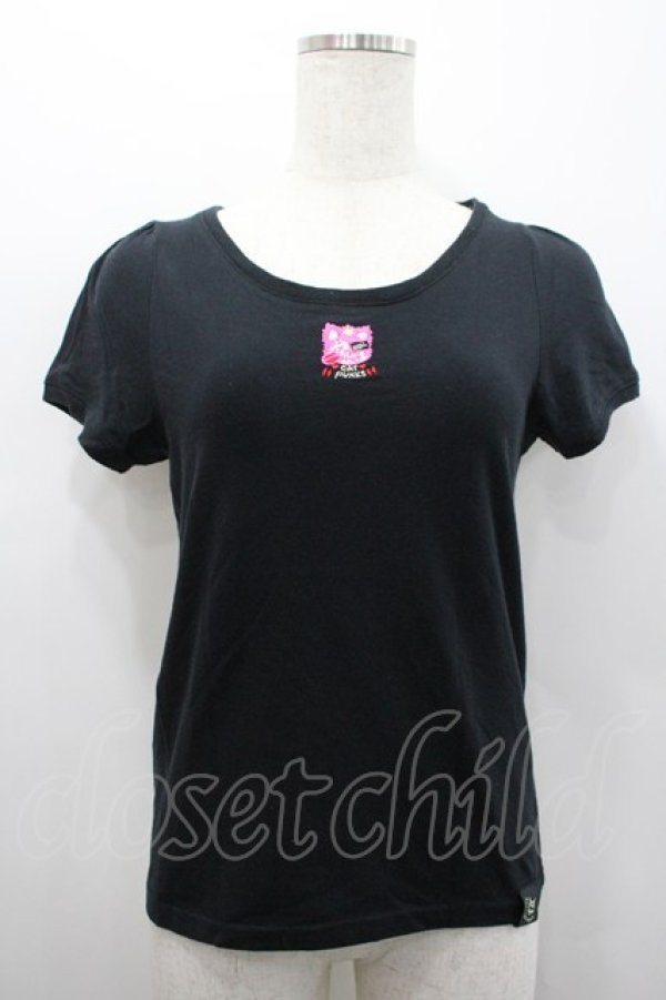 画像1: HELL CAT PUNKS / CAT刺繍半袖カットソー S 黒Ｘピンク I-26-02-25-016-PU-TO-SA-ZI (1)
