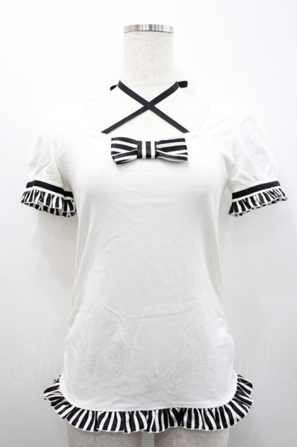 画像1: PEACE NOW / ストライプリボン半袖カットソー  白Ｘ I-26-02-25-017-PU-TO-SA-ZI (1)