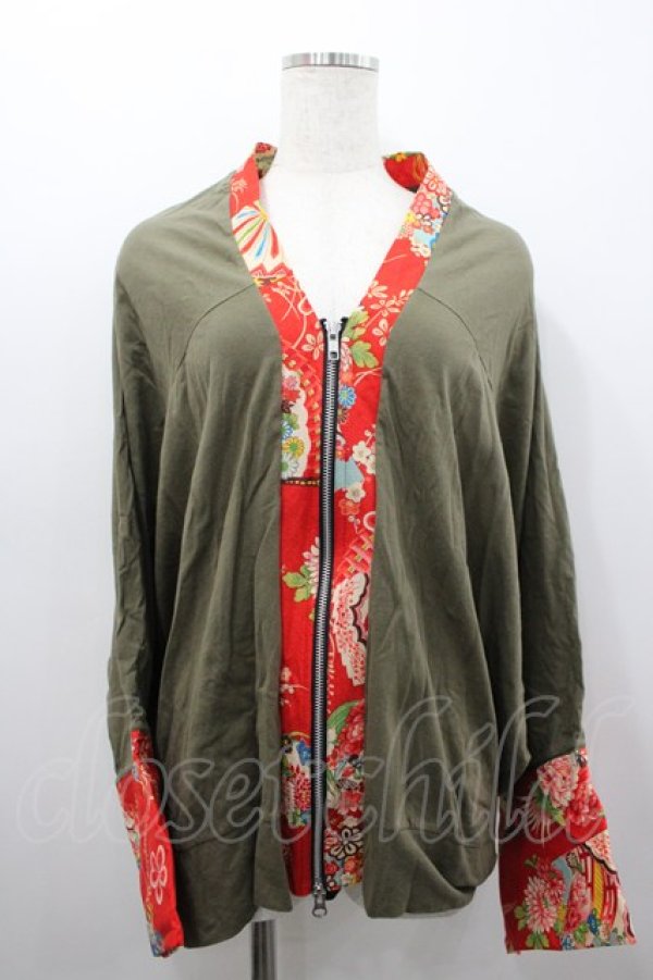 画像1: gouk / 和柄切替ドルマンパーカー  カーキｘ赤 I-26-02-25-026-GO-TO-SA-ZI (1)