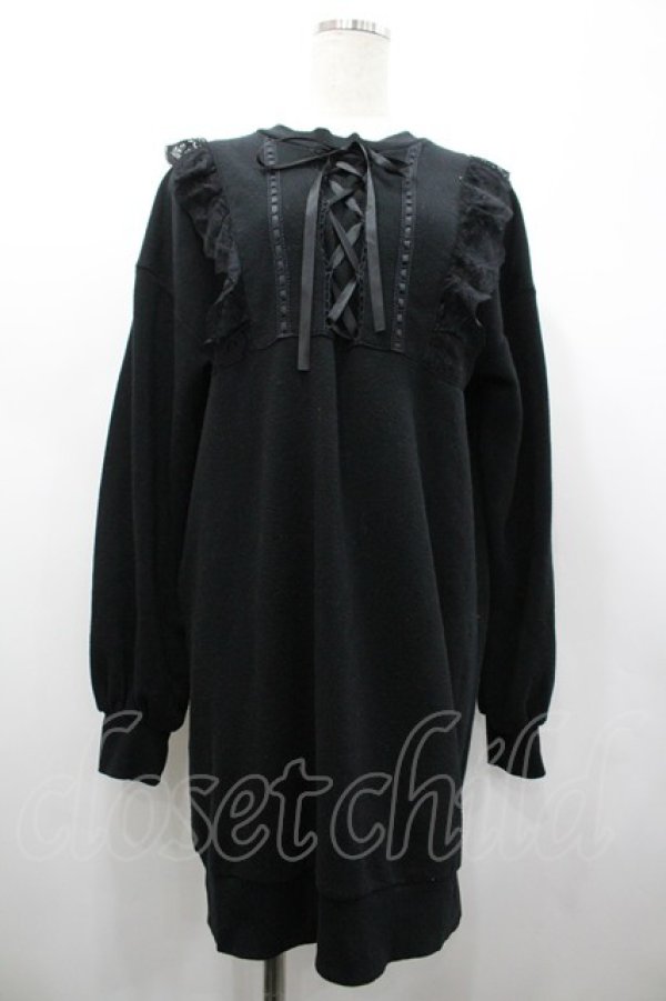 画像1: Ank Rouge / フロント編み上げレースデザインスウェットワンピース  黒 I-26-02-28-083-CA-OP-SA-ZI (1)