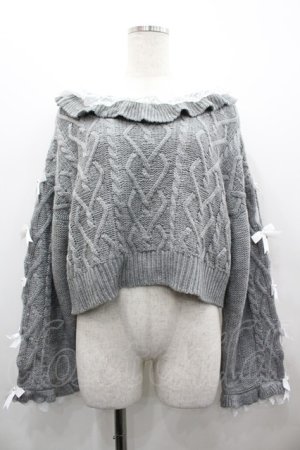 画像: Dear My Love / Vネックリボンレースビジューハートケーブルニット M-L グレー I-26-02-28-011-EL-TO-TE-ZI