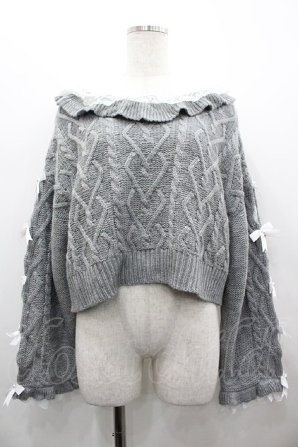 画像1: Dear My Love / Vネックリボンレースビジューハートケーブルニット M-L グレー I-26-02-28-011-EL-TO-TE-ZI (1)