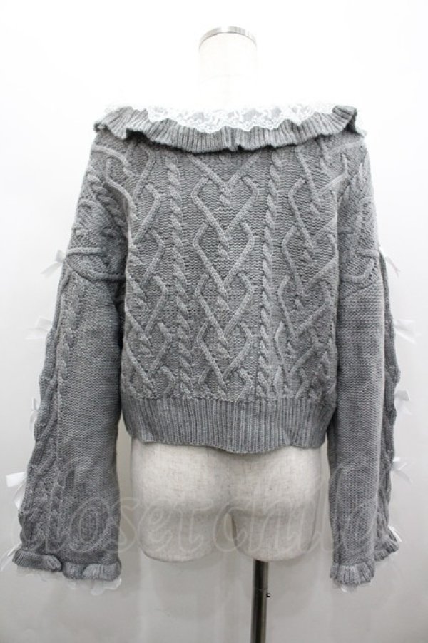 画像2: Dear My Love / Vネックリボンレースビジューハートケーブルニット M-L グレー I-26-02-28-011-EL-TO-TE-ZI (2)