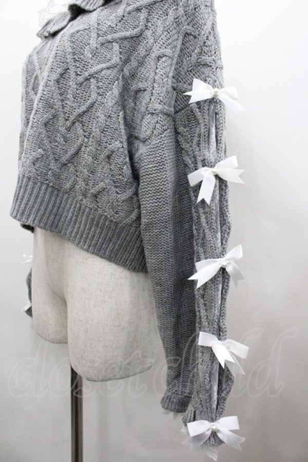 画像3: Dear My Love / Vネックリボンレースビジューハートケーブルニット M-L グレー I-26-02-28-011-EL-TO-TE-ZI (3)