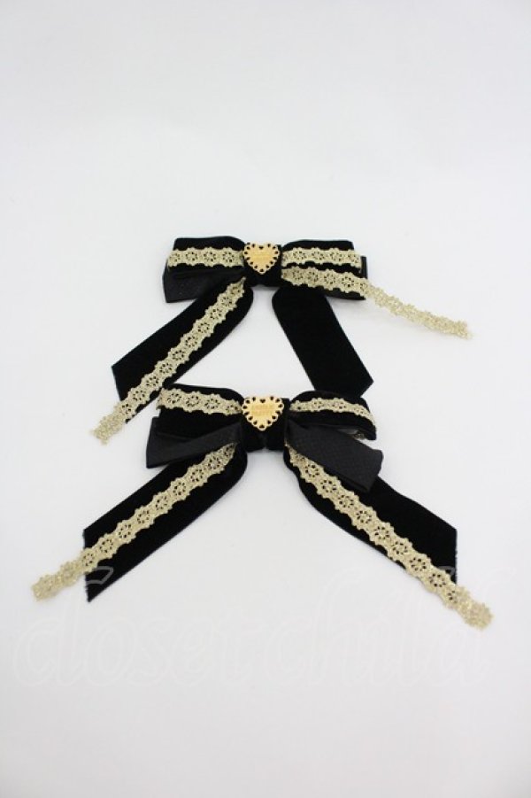 画像1: Angelic Pretty / レースハートチャームベルリボンクリップSet  黒Ｘゴールド I-26-02-28-172-AP-AC-SA-ZI (1)