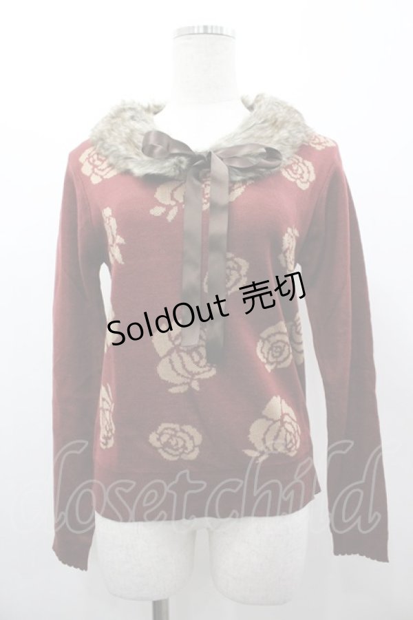 画像1: axes femme / バラ柄ファーティペット付きPO M ワイン I-26-03-02-004-AX-TO-TE-ZI (1)