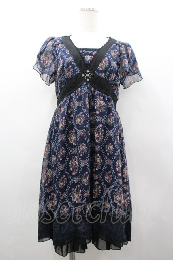 画像1: axes femme / バラオーナメントフレームワンピース M 紺 I-26-03-02-065-AX-OP-TE-ZI (1)