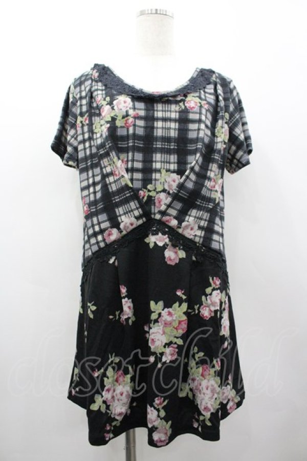 画像1: axes femme / チェック花柄タックチュニ M 黒 I-26-03-02-071-AX-TO-TE-ZI (1)