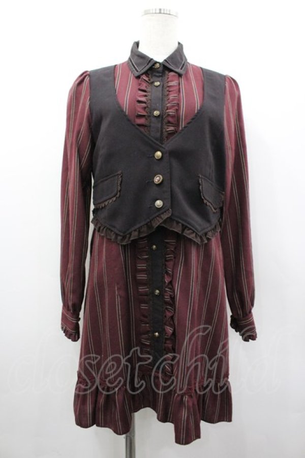 画像1: axes femme / ベストドッキングストライプワンピース M ワイン I-26-03-02-081-AX-OP-TE-ZI (1)