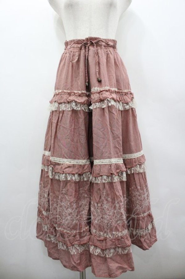 画像1: axes femme / 裾刺繍ストライプスカート M 赤×ブラウン I-26-03-02-090-AX-BL-TE-ZI (1)