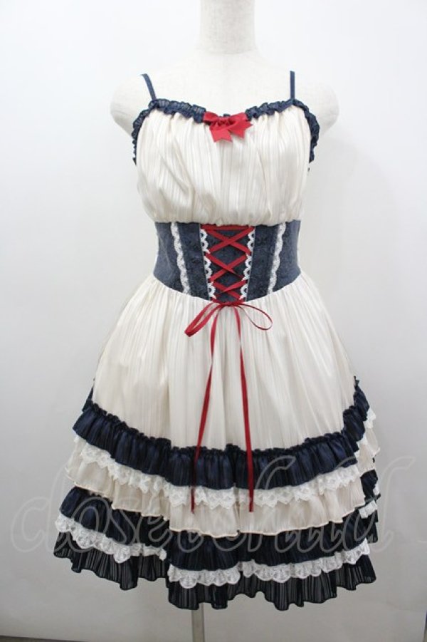 画像1: To Alice / コルセット切替ジャンパースカート  生成りＸ紺 I-26-03-04-033-LO-OP-SA-ZI (1)