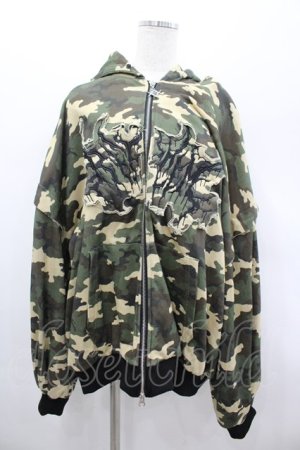 画像: REFLEM / ファー付き総柄ジップパーカー  カーキ I-26-03-04-006-PU-TO-SA-ZI