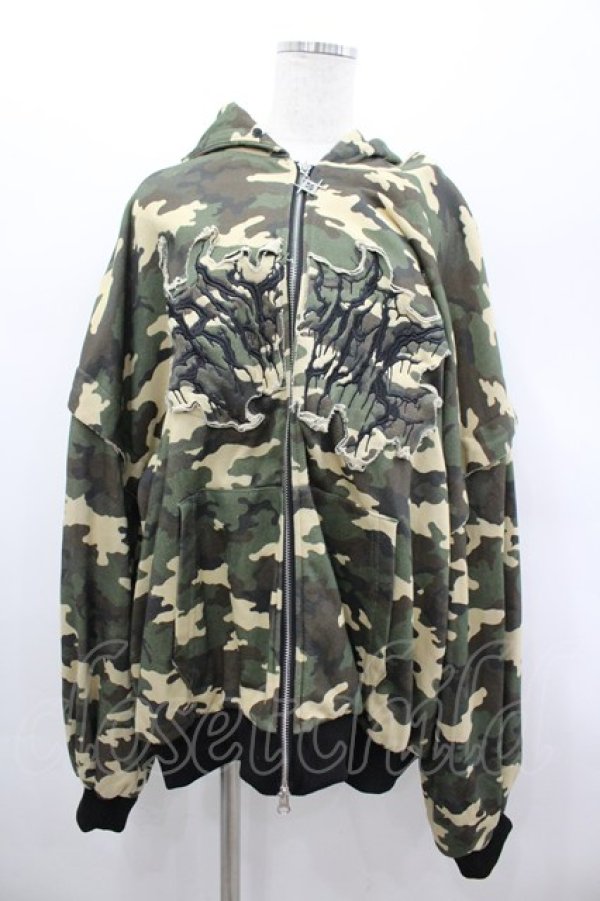 画像1: REFLEM / ファー付き総柄ジップパーカー  カーキ I-26-03-04-006-PU-TO-SA-ZI (1)