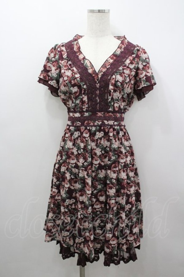 画像1: axes femme / ローズリーフ柄ティアードワンピース M ワイン I-26-03-04-054-AX-OP-TE-ZI (1)