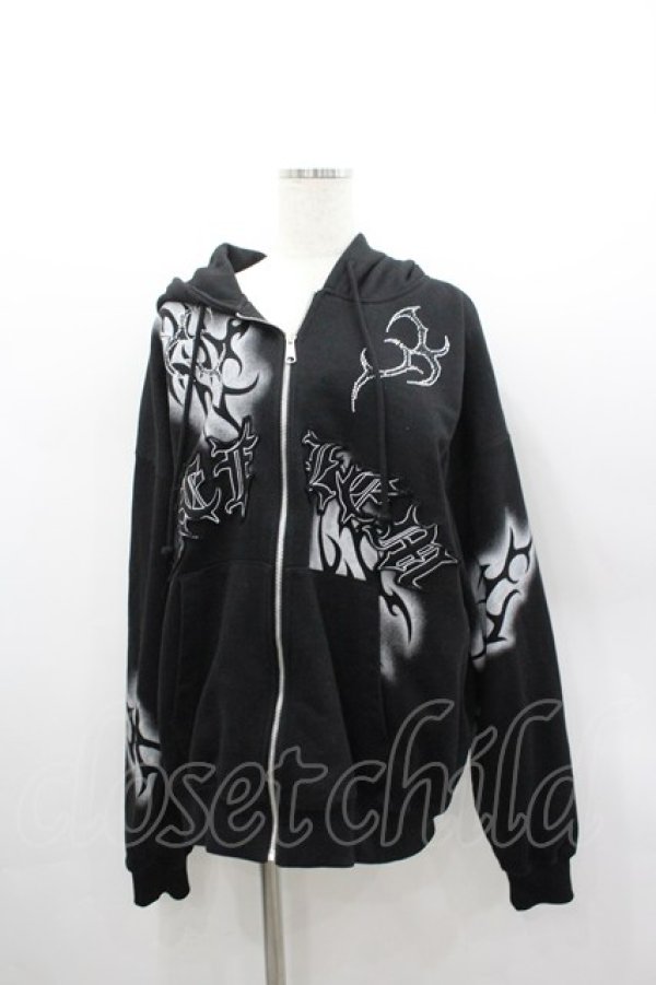 画像1: REFLEM / トライバルラインストーン長袖ジップアップパーカー  黒Ｘ白 I-26-03-04-007-PU-TO-SA-ZI (1)