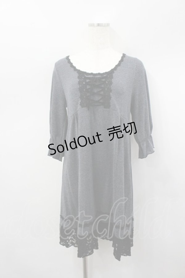 画像1: axes femme / フロント編み上げ半袖ワンピース M グレー I-26-03-04-089-AX-OP-TE-ZI (1)