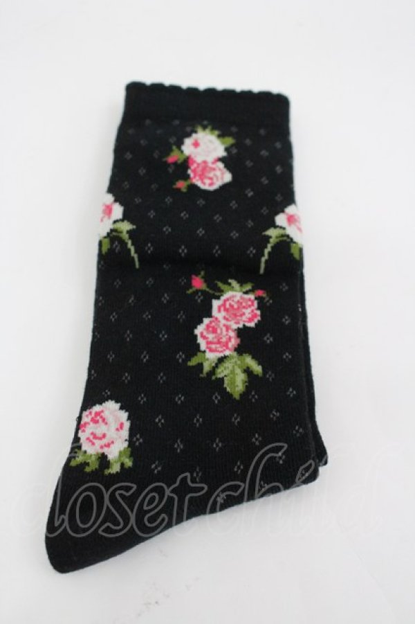 画像1: PINK HOUSE / ブロッサムローズ柄ソックス  黒 I-26-03-04-118-LO-ZA-TE-ZI (1)