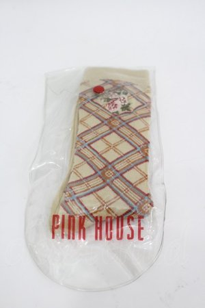 画像: PINK HOUSE / 薔薇刺繍チェックソックス  ベージュチェック I-26-03-04-124-LO-ZA-SA-ZI