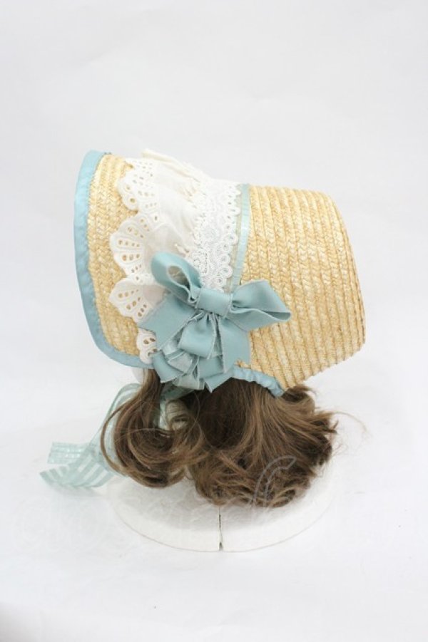 画像2: LOLITAその他(お買取対象外) / チェックリボンレース麦わらハット  アイボリーＸ青Ｘ白 I-26-03-05-075-LO-AC-SA-ZI (2)