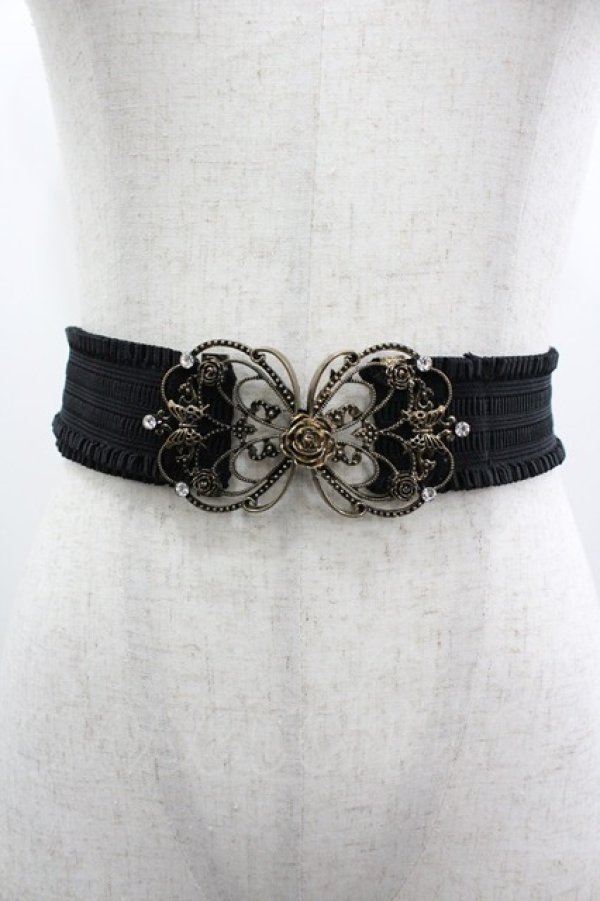 画像1: axes femme / 蝶ローズモチーフゴムベルト  黒Ｘゴールド I-26-03-05-093-AX-ZA-SA-ZI (1)