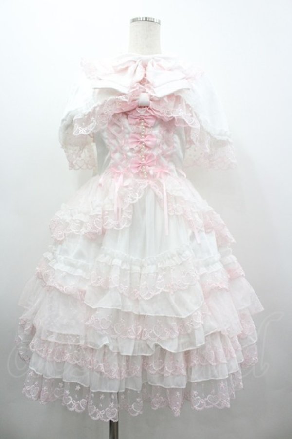 画像1: White Sugar Gitl 白糖少女 / サイド編み下げリボンジャンパースカート&ケープセット  白ｘピンク I-26-03-05-124-LO-OP-SA-ZI (1)