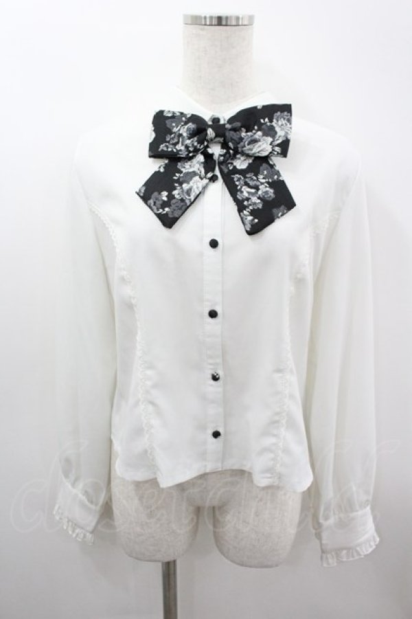 画像1: axes femme / ジャカードリボン付ブラウス  白Ｘ黒 I-26-03-06-004-AX-BL-SA-ZI (1)