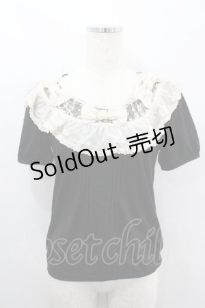 画像: axes femme / パールシフォンリボンフリル半袖カットソー  黒Ｘアイボリー I-26-03-06-020-AX-TO-SA-ZI