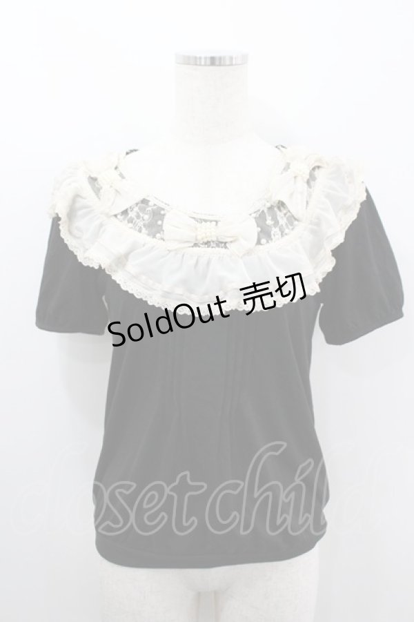 画像1: axes femme / パールシフォンリボンフリル半袖カットソー  黒Ｘアイボリー I-26-03-06-020-AX-TO-SA-ZI (1)