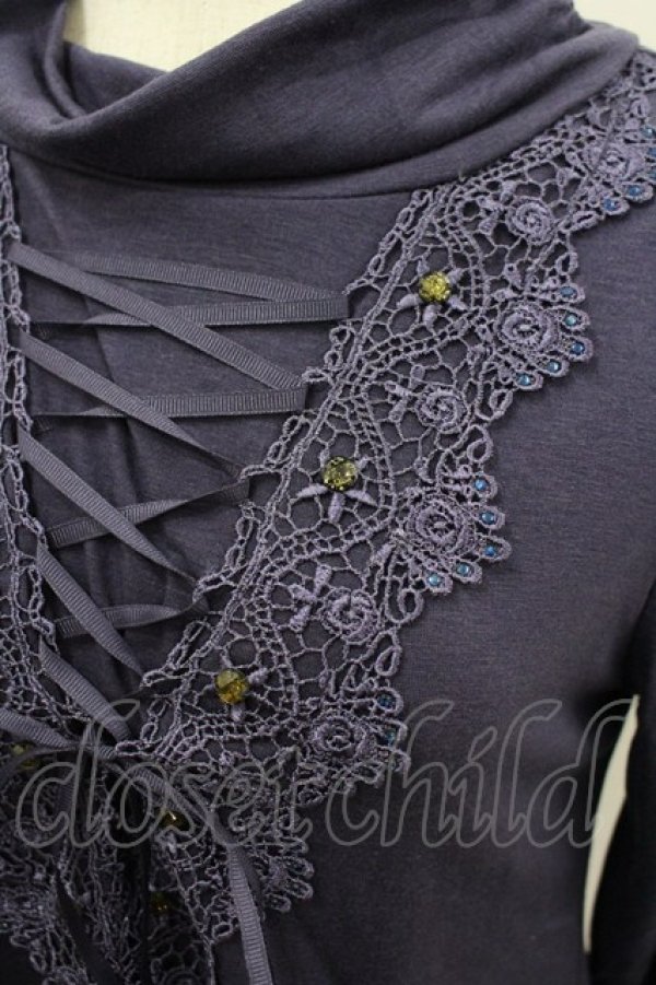 画像2: axes femme / フロント編み上げレースハイネックカットソー M パープル I-26-03-06-033-AX-TO-SA-ZI (2)