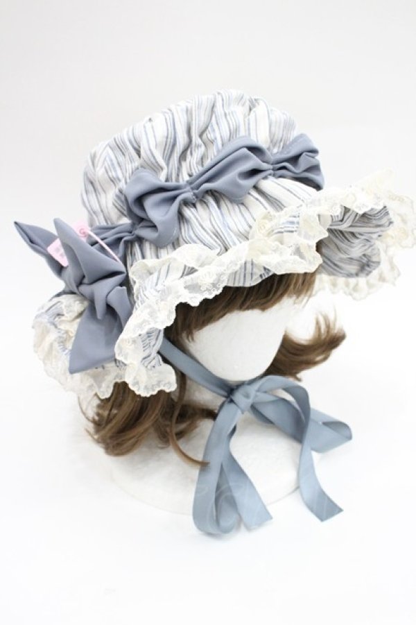 画像1: 妹抖手作工作屋 / スイトライプリボンハット  アイボリーＸ青 I-26-03-08-054-LO-AC-SA-ZI (1)