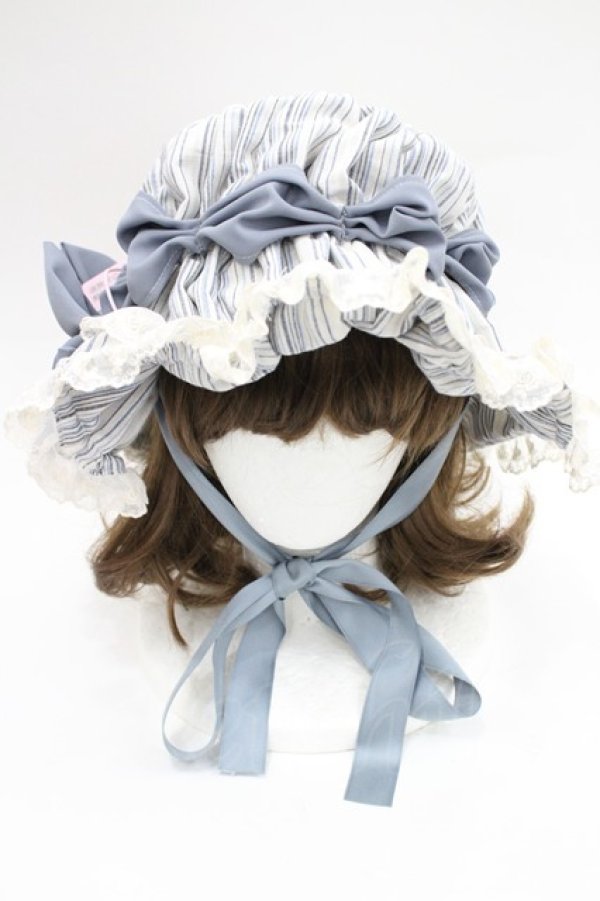 画像2: 妹抖手作工作屋 / スイトライプリボンハット  アイボリーＸ青 I-26-03-08-054-LO-AC-SA-ZI (2)