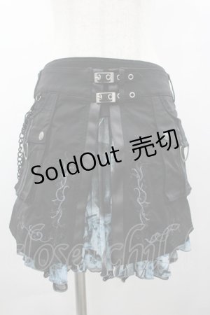 画像: Ozz Croce / ダブルベルト&チェーンオーバー付き総柄スカート  黒Ｘサックス I-26-03-10-083-OO-SK-SA-ZI