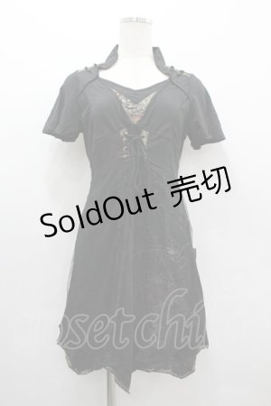 画像: Ozz oneste / 扇柄チュール重ね半袖チュニック  ブラック I-26-03-10-021-OO-OP-SA-ZI