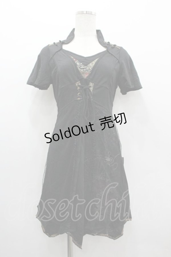 画像1: Ozz oneste / 扇柄チュール重ね半袖チュニック  ブラック I-26-03-10-021-OO-OP-SA-ZI (1)