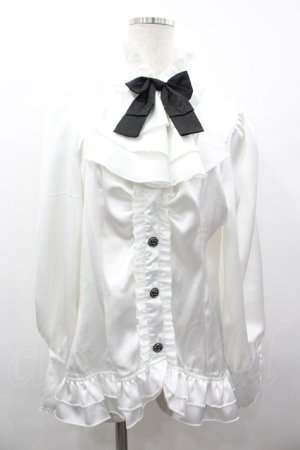 画像: 未知星辰的来信 / リボンタイサテン立ち襟長袖ブラウス  白Ｘ黒 I-26-03-12-004-LO-BL-SA-ZI